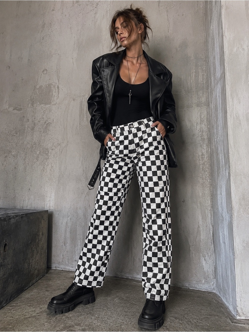 Egg Black White Checkerboard High Rise Straight Leg Jeans Pants S